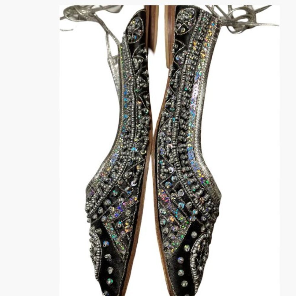 Naughty Monkey Flat Ballet-Style Sequin-Covered Shoes with Ties Size 8.5 EUC - Picture 3 of 11